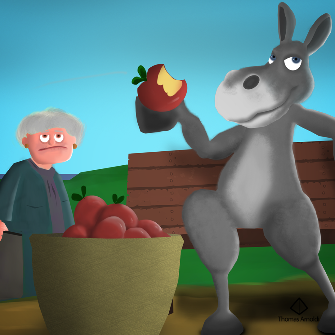 Donkey eating apples